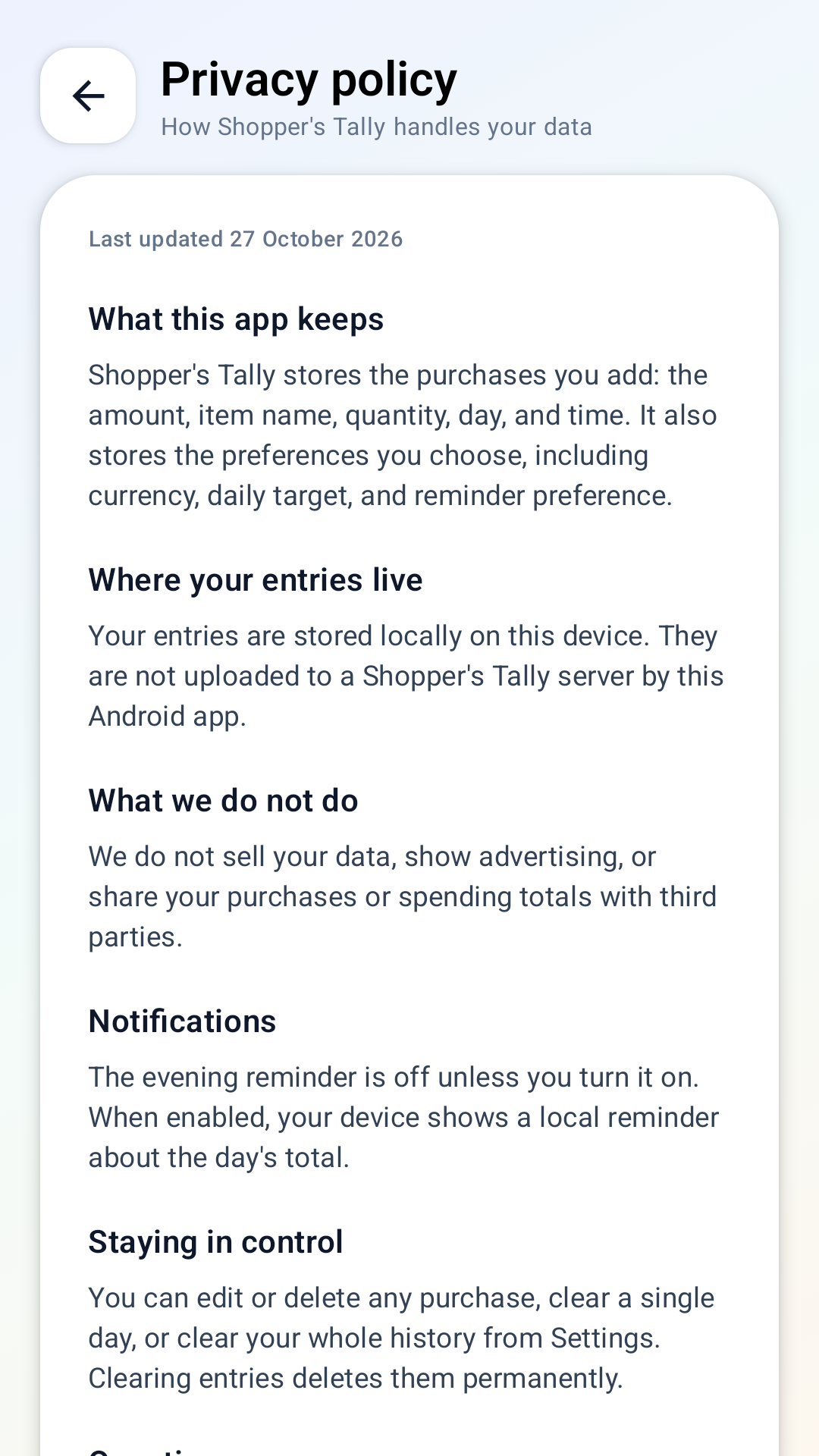 Shopper's Tally privacy information screen