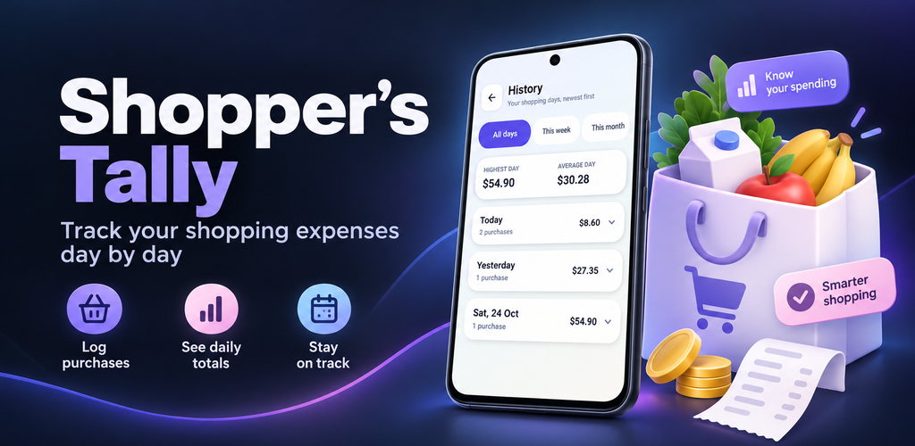 Shopper's Tally promotional artwork showing a shopping expense tracker